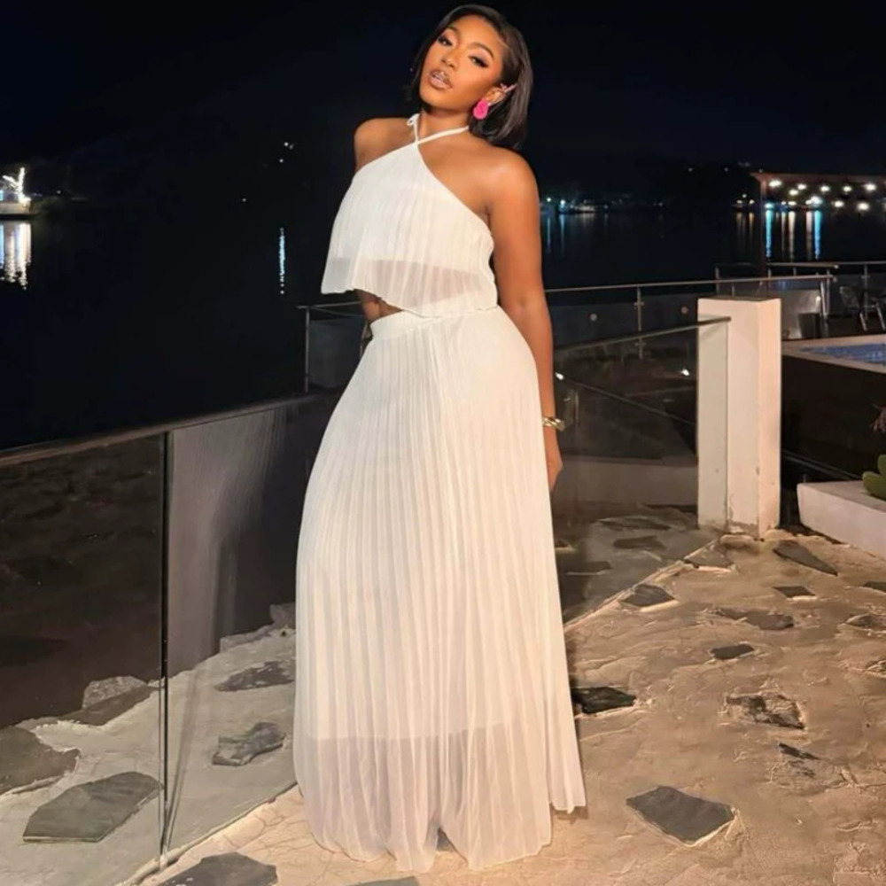 ZARA African Fashion Sexy White Pleated Halter Top High Waist Maxi Skirt Set